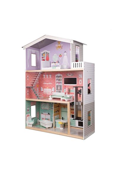 İSP LikeSmart Pastel 5219 Wooden Dollhouse, 3 Floors, 4 Rooms, 10 Furniture Pieces, Lift, 117 cm, Vi