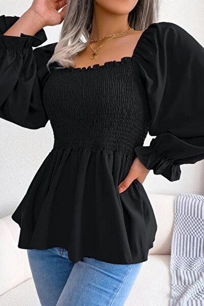 Mossta Square Neck Gipeli Crepe Blouse - Black