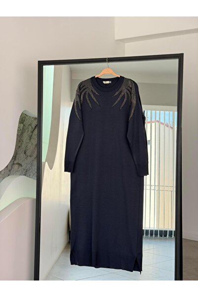 BÜRDE Lacivert Renk Taş Detaylı Merserize KadınElbise