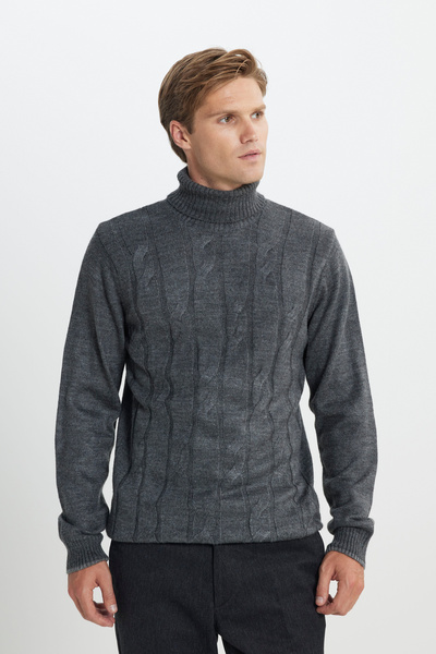 AC&Co / Altınyıldız Classics Anthracite-Melange Standard Fit Regular Cut Full Turtleneck Jacquard Knitwear Sweater