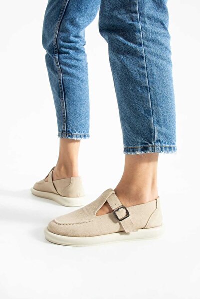 diclepolat Women's Beige Suede Loafer Shoes with Saddle Detail Buckle – Comfortable and Stylish for Everyday Use Margos