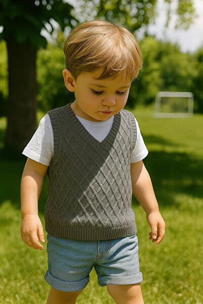 Nimini Kids Preschool Nursery Kindergarten V-Neck Diamond Pattern Knitwear Baby Boy Children's Sweater (0-5 Years Old)