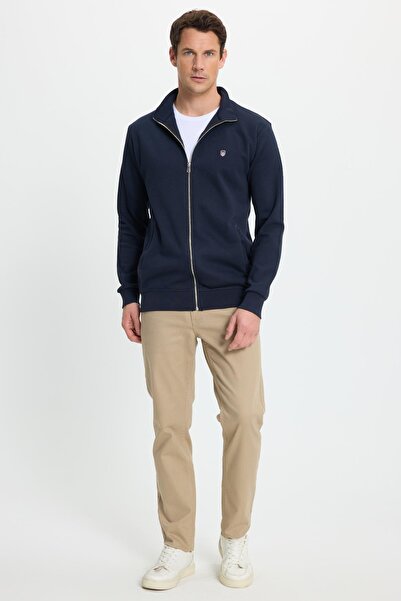 Tudors Men's Slim Fit Slim Fit Cotton Full Zip Double Pocket Mock Neck Navy Blue Sweatshirt Cardigan