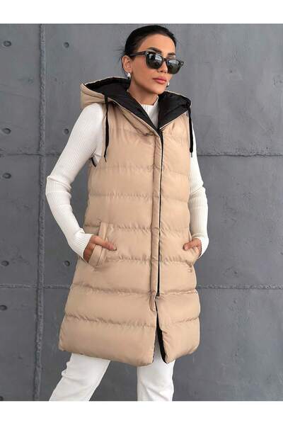 last summer Women's Double Sided Long Hooded Sleeveless Puffer Vest 10601023