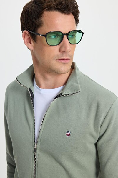 Tudors Men's Slim Fit Slim Fit Cotton Full Zip Double Pocket Mock Neck Green Sweatshirt Cardigan