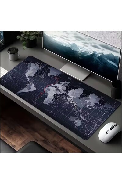 sgeteknoloji Sge Technology 65X25 cm Black World Patterned Stitched Non-Slip Base Gaming Mouse Pad