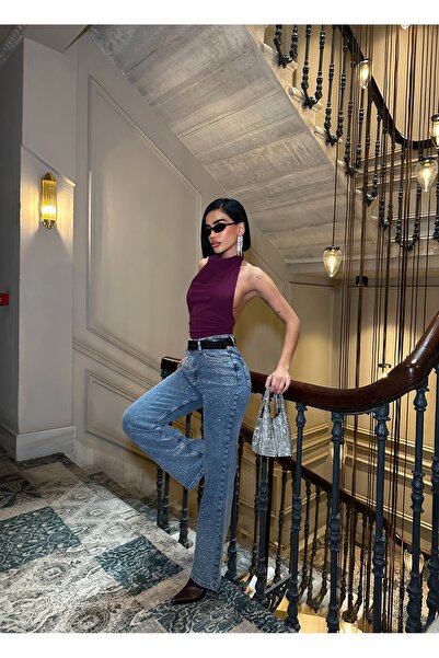 ParlaMira Women's Stoned High Waist Palazzo Fit Stretch Fabric Jean