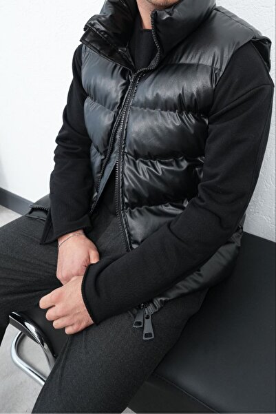 AllWearStyle Parlak Deri Oversize Şişme Yelek Siyah