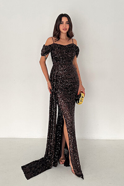 zeynep zehra Askılı Pelerinli Pulpayet Abiye Elbise 41066 Kahverengi