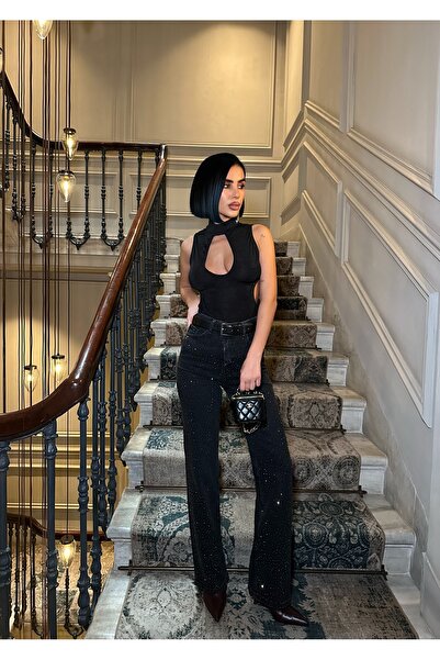 ParlaMira Blugi pentru femei Stoned talie înaltă Palazzo Fit material elastic