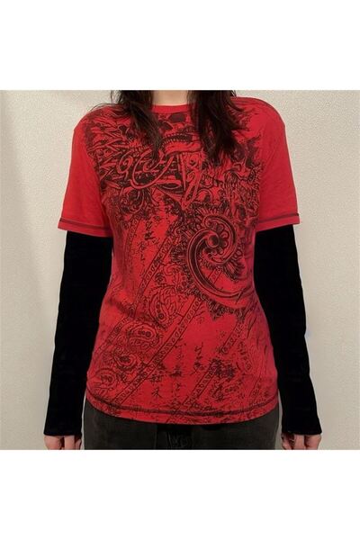 Karakedi Harajuku Gothic Red Black Sleeve Detail Long Sleeve Tshirt