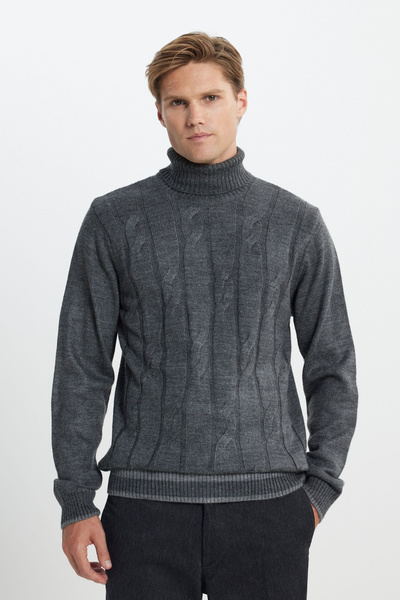 AC&Co / Altınyıldız Classics Anthracite-Melange Standard Fit Regular Cut Full Turtleneck Jacquard Knitwear Sweater