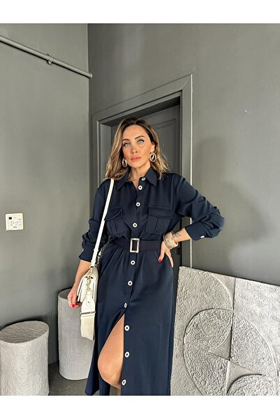 Zerrincan Giyim Lacivert Kemerli Düğmeli Orijinal Elbise