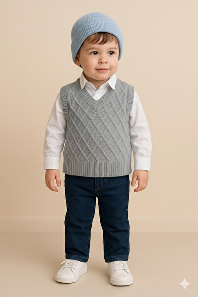 Nimini Kids Preschool Nursery Kindergarten V-Neck Diamond Pattern Knitwear Baby Boy Children's Sweater (0-5 Years Old)