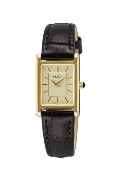 Seiko Tank SWR110P1 Classic Quartz Women's Watch — Gold-Tone Case, Champagne Dial, Brown Leather S