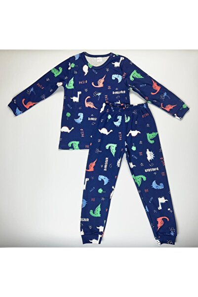 EnBy Kids %100 Pamuk Manşetli Dinazor Desenli Uzun Kollu Erkek Çocuk Pijaması