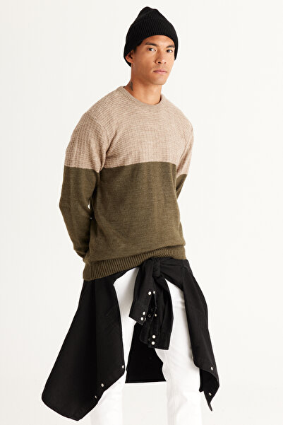 AC&Co / Altınyıldız Classics Beige-Khaki Standard Fit Regular Cut Crew Neck Colorblock Patterned Knitwear Sweater