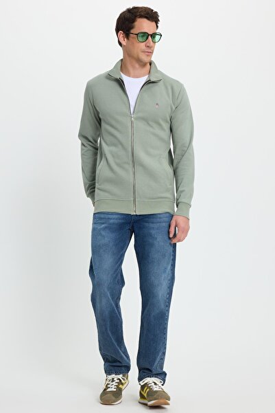 Tudors Men's Slim Fit Slim Fit Cotton Full Zip Double Pocket Mock Neck Green Sweatshirt Cardigan