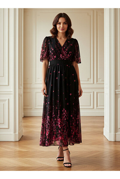 FAV فستان ميدي بطبعة زهور مع رقبة على شكل حرف V وأكمام قصيرة مكشكشة