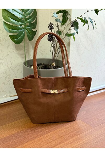 Bagnest Suede Women's Shoulder Bag with Lock Detail on the Front