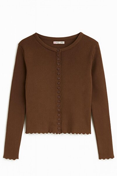 Mixray 6972 Women's Corded Fabric Basic Knitwear Cardigan Brown