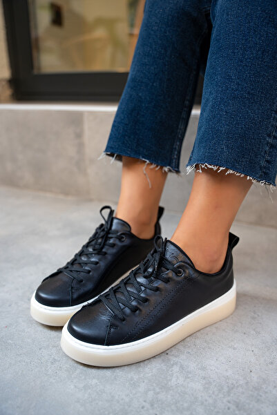 LAMİNTA Skye Black Genuine Leather Flat Sneakers