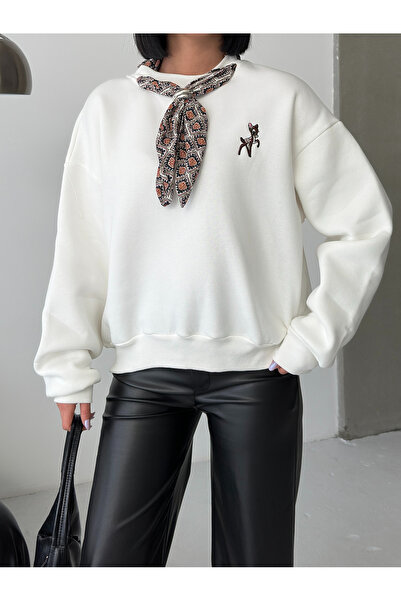 alenmoda Oversized Sweatshirt with Scarf and Deer Embroidery Detail Beige