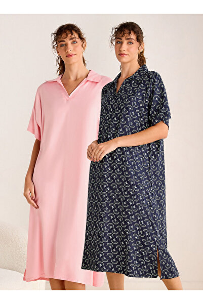 FAV طقم من قطعتين - فستان نوم فيسكوز متنوع مع ياقة