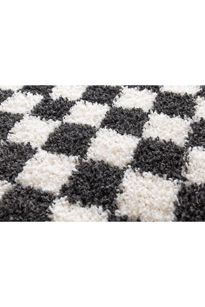 EUROBANO Chess Dama Patterned Bone-Black Living Room Bedroom Hallway Machine Carpet Runner