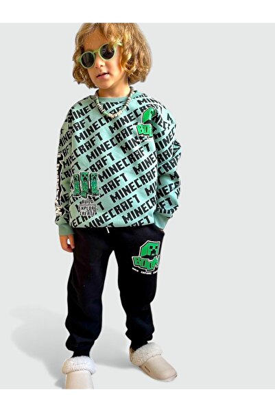 Patriko Boys' Winter New Season Summer Printed Inner Fleece Green-Black Color Tracksuit Bottom and Top Set