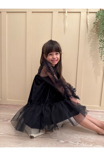 penu baby kids Black Hem Ruffle Long Ruffle Tulle Sleeve Velvet Fabric Girls Kids Baby Girl Dress