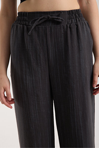 MRS.MODA Linen Fabric High Waist Striped Elastic and String Lace-Up Waist Detailed Trousers