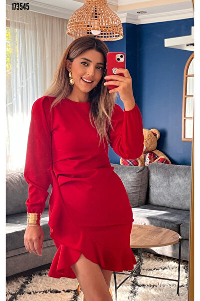 moda wanilia Women's Crew Neck Flounce Detailed Imported Crepe Dress – Engagement, Henna, and Invitation Stylish Dress