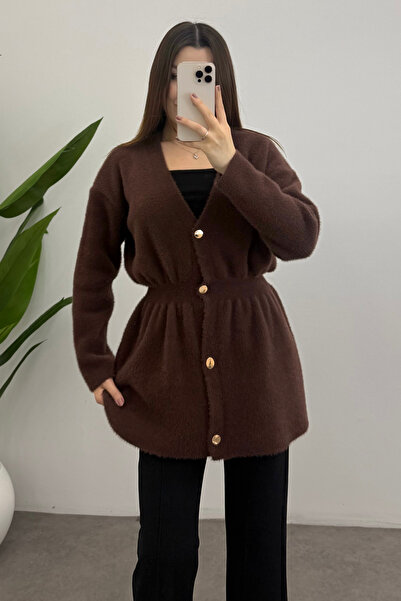 Bipantolon Women's Brown Gold Snap Detailed Soft Knitwear Cardigan