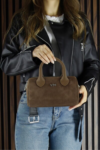 Erkan Saçmacı Light Brown Genuine Cowhide Suede Zippered Small Size Daily Shoulder Bag with Hanging Inner Pocket