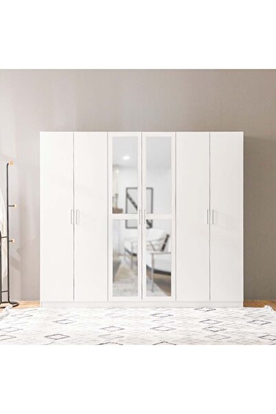Danube Home Supreme 6-Door Wardrobe with Mirror - White, Engineered Wood, 8 Shelves, 2-Year Warranty