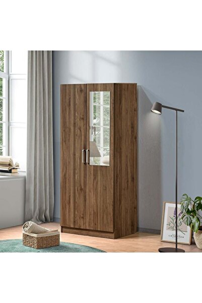 Danube Home خزانة ملابس فاخرة ببابين مع مرآة - لون الجوز الفاتح، خشب هندسي، 3 رفوف، 80×52×190 سم