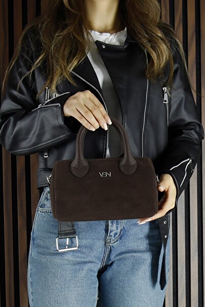 Erkan Saçmacı Brown Genuine Cowhide Suede Zippered Small Size Daily Shoulder Bag with Hanging Inner Pocket