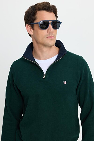 Tudors Men's Slim Fit Slim Fit Cotton Thessaloniki Fabric Mock Neck Green Sweatshirt