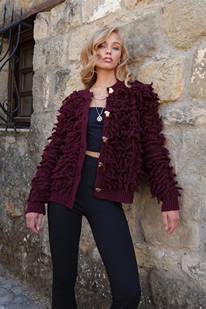 VAGGON Women's Burgundy Crew Neck Heart Buttoned Tassel Cardigan Prmx14465