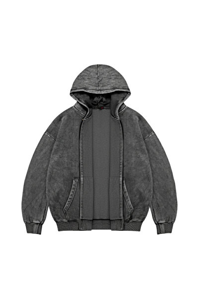 Sokak Butik Fermuarlı Basic Zip Kapüşonlu Unisex Yıkamalı Siyah Sweatshirt