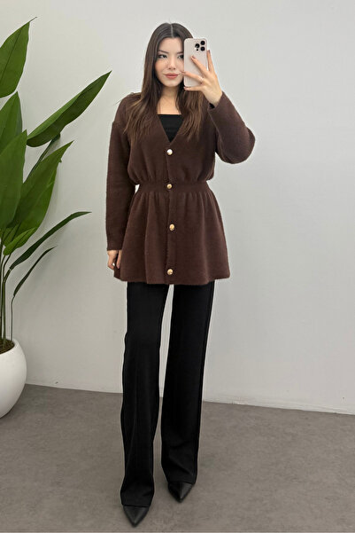 Bipantolon Women's Brown Gold Snap Detailed Soft Knitwear Cardigan