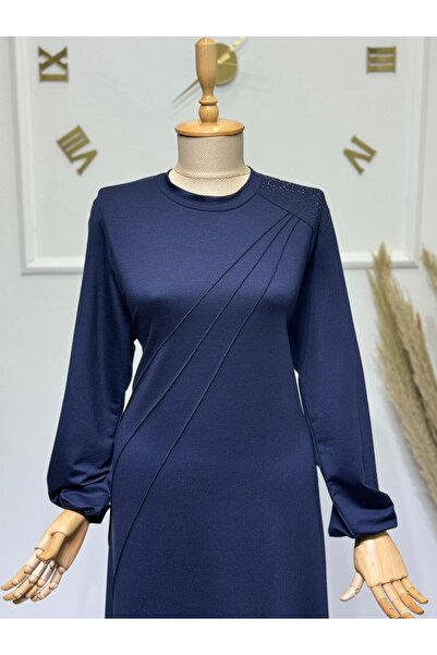 ModaMinar Women's Crystal Combed Cotton Fabric Piped Collar Stone Detailed Dress