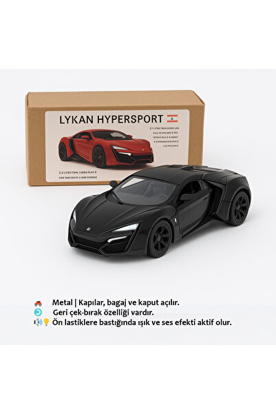 Hediye24 Lykan Hypersport Metal Model Araba | Siyah | 1:32 13CM