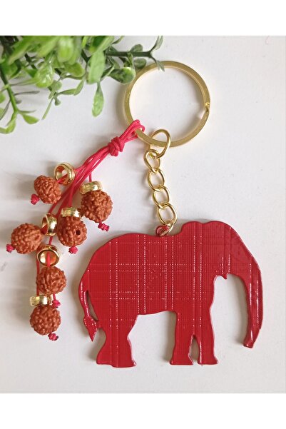 PİRAMİGO Red Metal Elephant & Rudraksha Seed Keychain Good Luck Health Meditation Rudraska