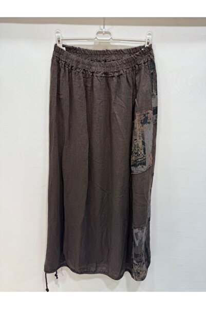 della moor Brown Italian Elastic Waist Long Linen Skirt