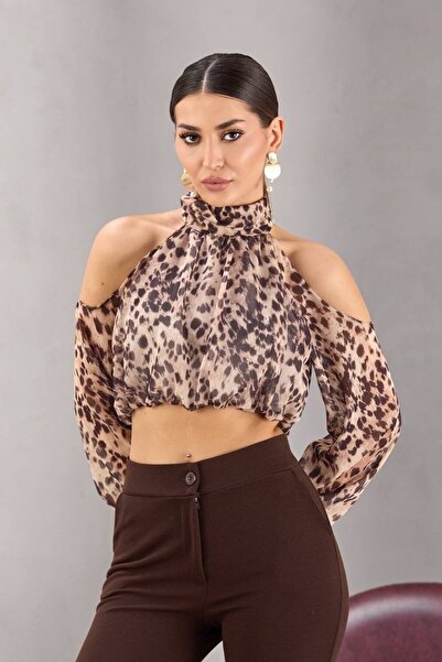 cemo Off-The-Shoulder Cropped Blouse High Neckline Animal Print Shirred Detail