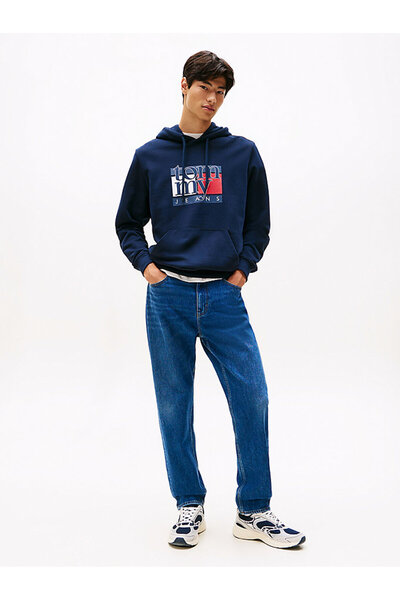 Tommy Hilfiger Férfi logóval nyomtatott kapucnis pulóver – sötétkék