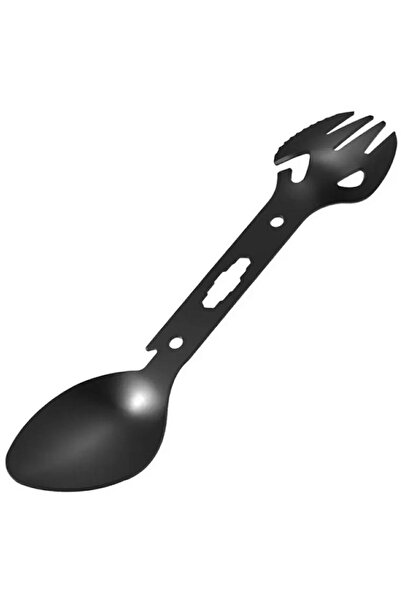 zola Tourist cutlery, 5 in 1, spoon/knife/fork/bottle/can opener, black, steel, 18x4x1.5 cm