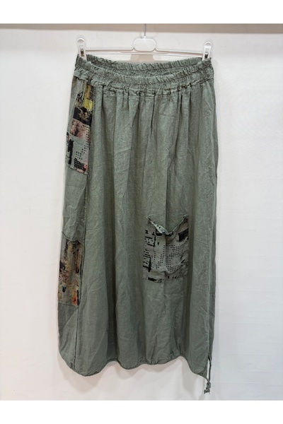 della moor Khaki Italian Elastic Waist Long Linen Skirt